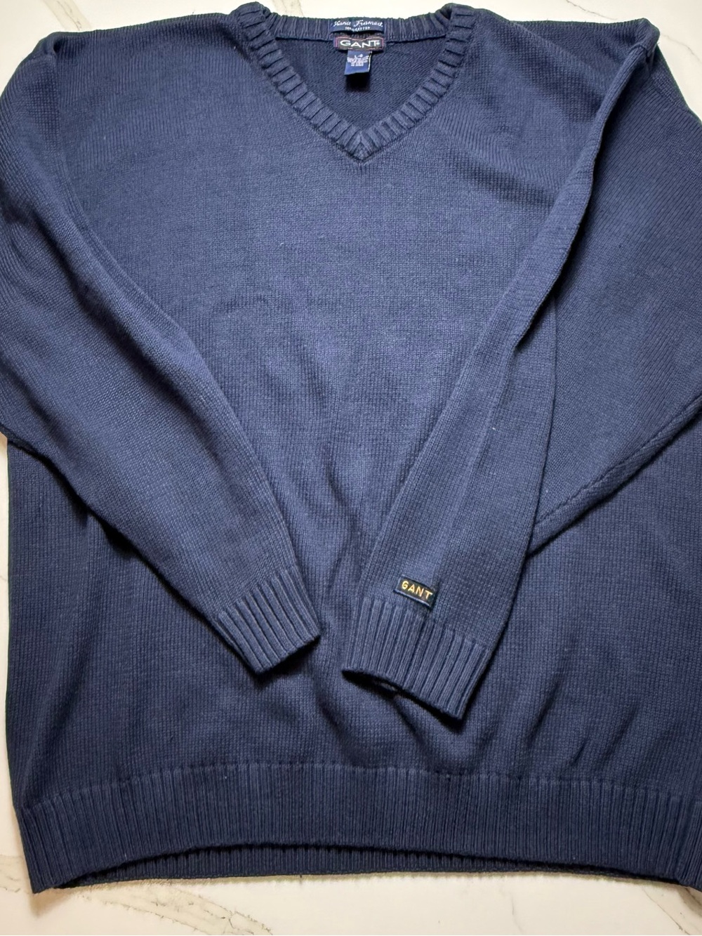 Vintage Gant Men's Cotton Navy Blue V-Neck Sweater